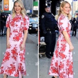 Monique Lhuillier Floral Short Puff-Sleeve Midi Dress